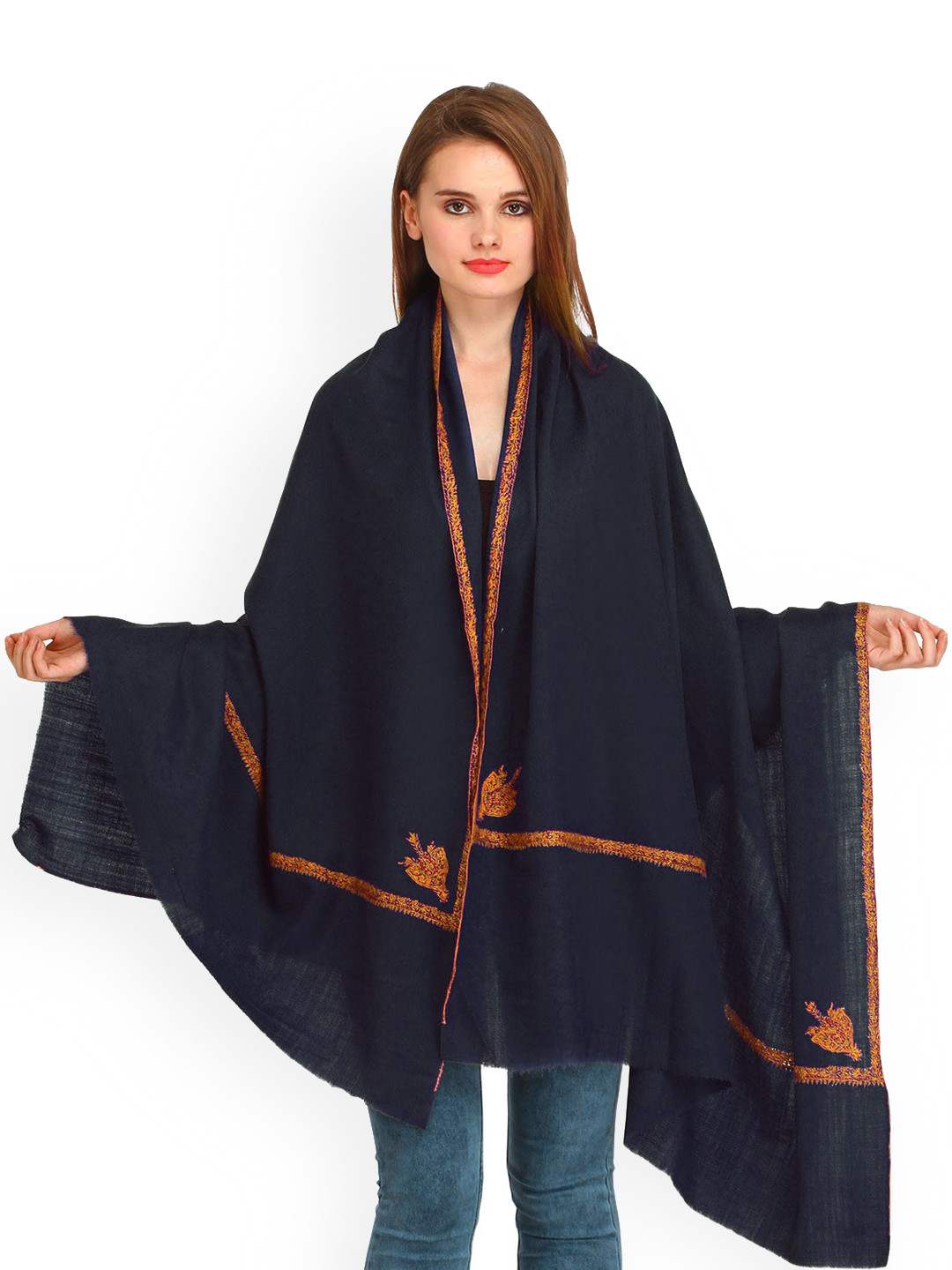 Exotic India Navy Blue Pure Wool Sozni Hand-Embroidered Border Kashmiri Kingri Shawl