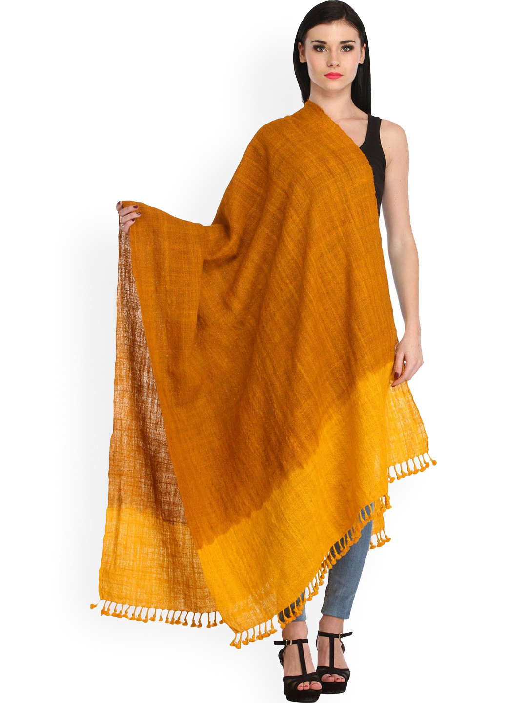 Exotic India Nugget And Yellow Double Shaded Tie-Dye Wool Shawl