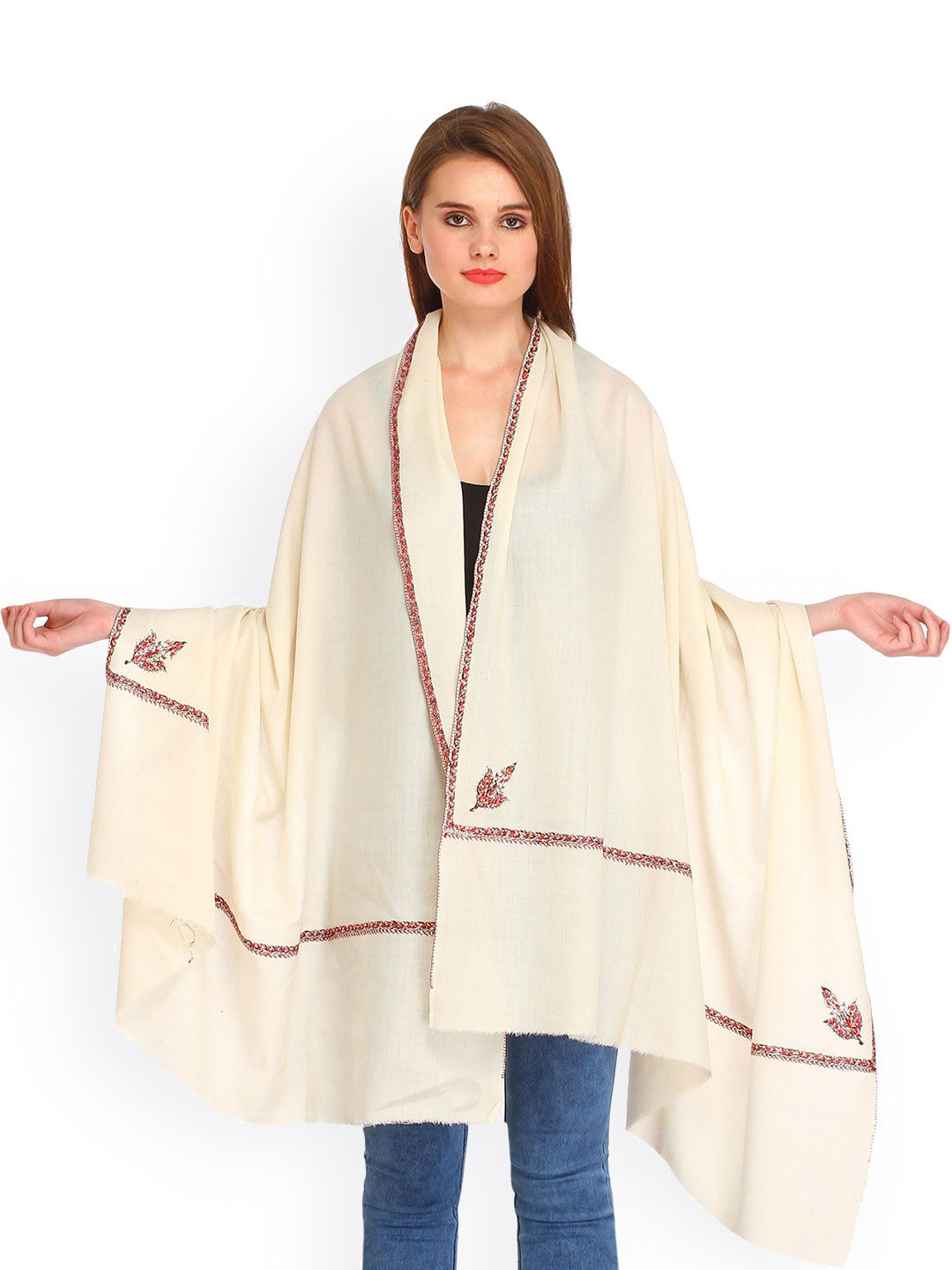 Exotic India Ivory Pure Wool Sozni Hand-Embroidered Border Kashmiri Kingri Shawl