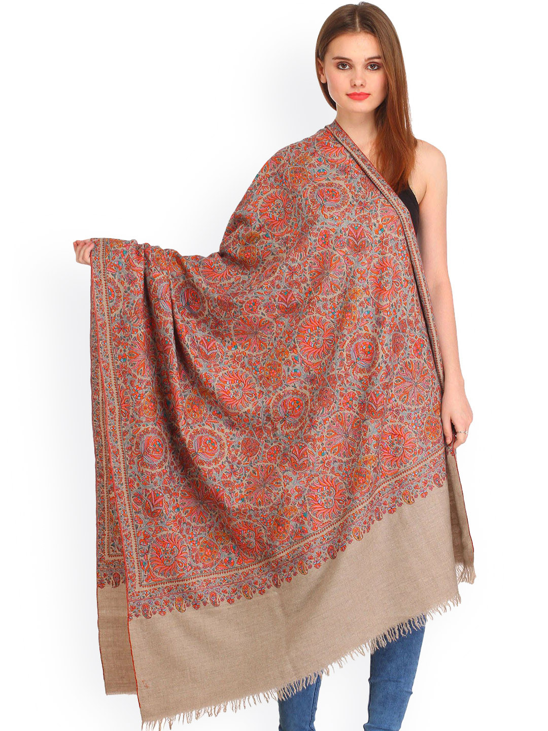 Exotic India Gray Morn Papier Mache Floral Hand-Embroidered Pure Pashmina Kashmiri Shawl