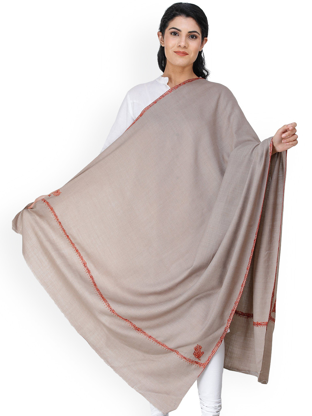 Exotic India Plaza Taupe Pure Wool Sozni Hand-Embroidered Border Kashmiri Kingri Shawl