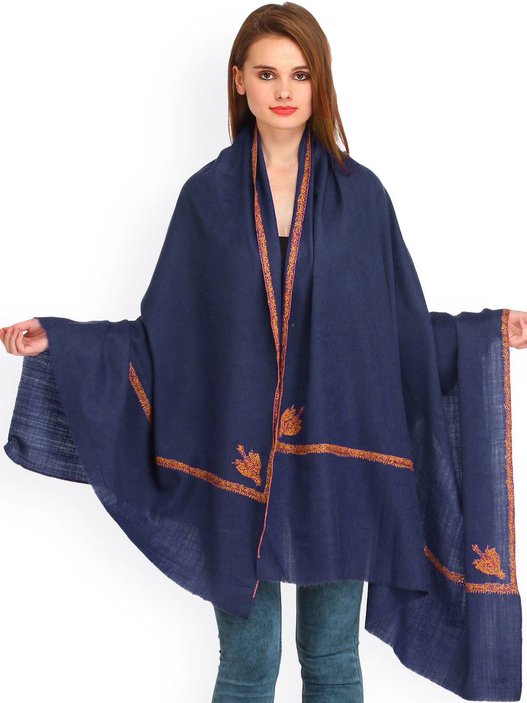 Exotic India Twilight Blue Pure Wool Sozni Hand-Embroidered Border Kashmiri Kingri Shawl