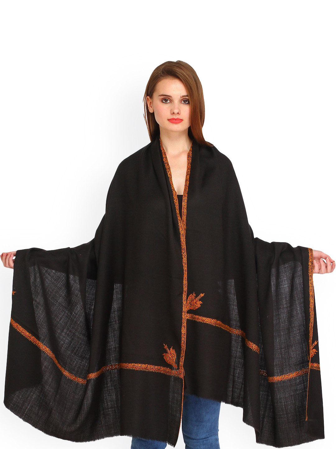 Exotic India Jet Black Pure Wool Sozni Hand-Embroidered Border Kashmiri Kingri Shawl