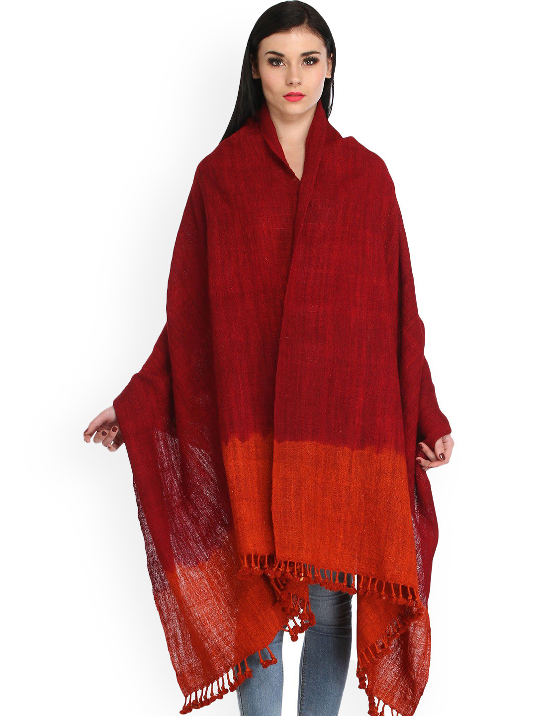 Exotic India Rosewood And Orange Double Shaded Tie-Dye Wool Shawl