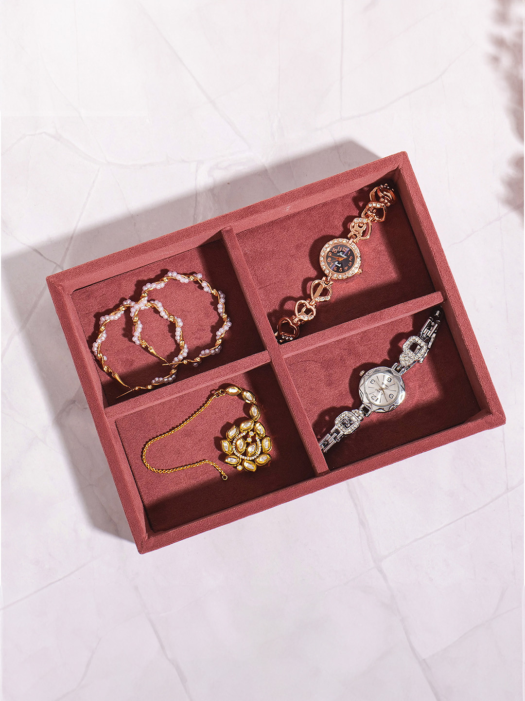 La Trove 4 Grid Darkpink Small Jewellery Velvet Organizer Tray