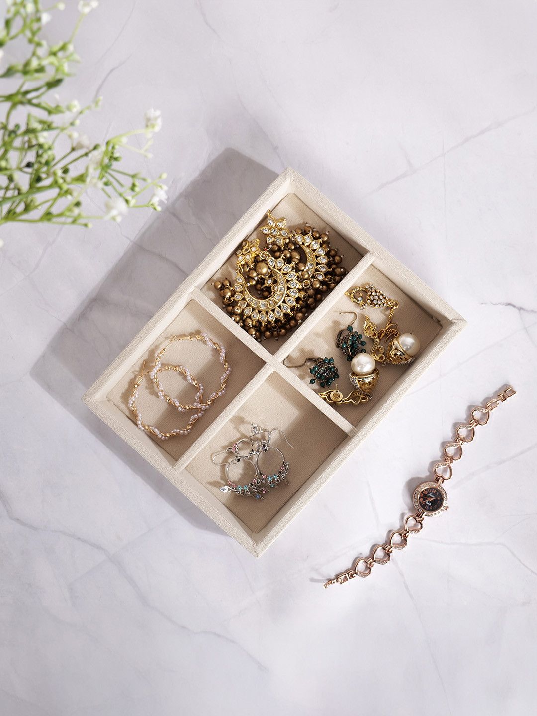 La Trove 4 Grid Cream Small Jewellery Velvet Organizer Tray