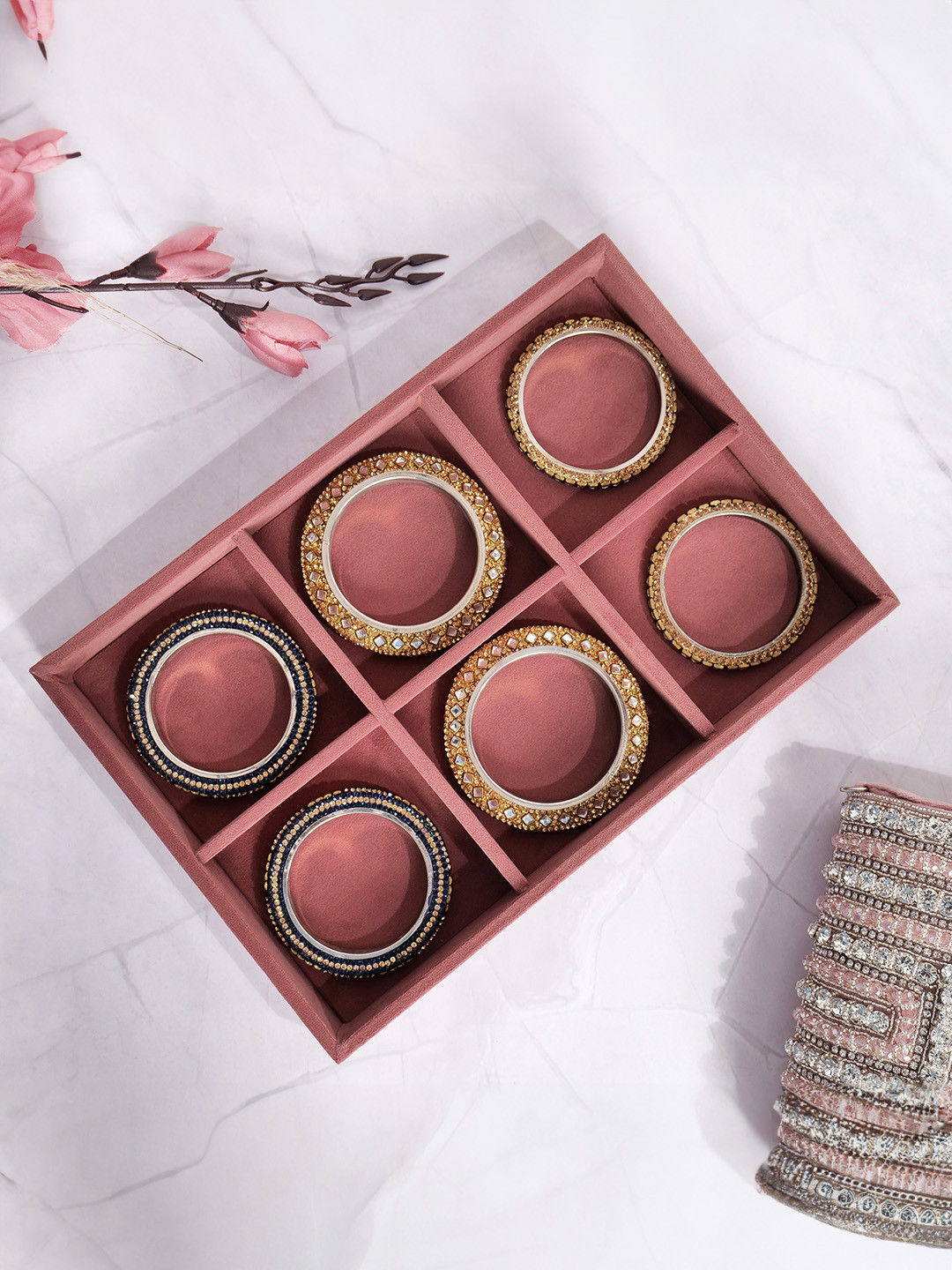 La Trove 6 Grid Darkpink Big Velvet Bangle Organizer Tray