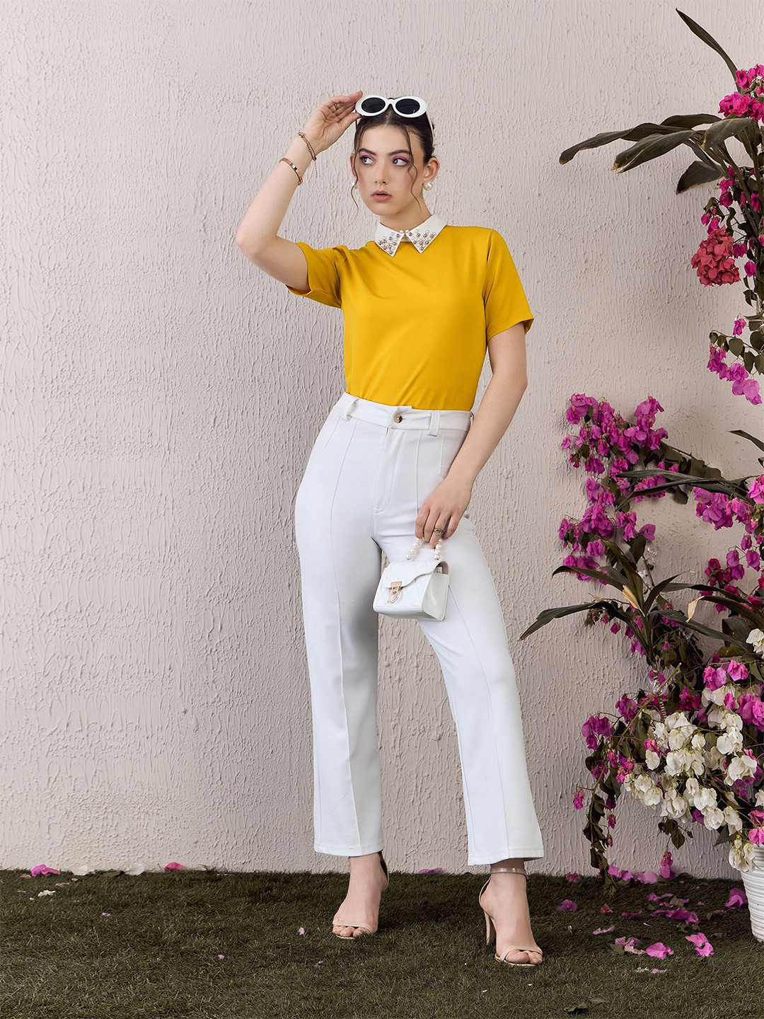 Berrylush Yellow Shirt Embellishe Collar Short sleeves Formal Regular Top