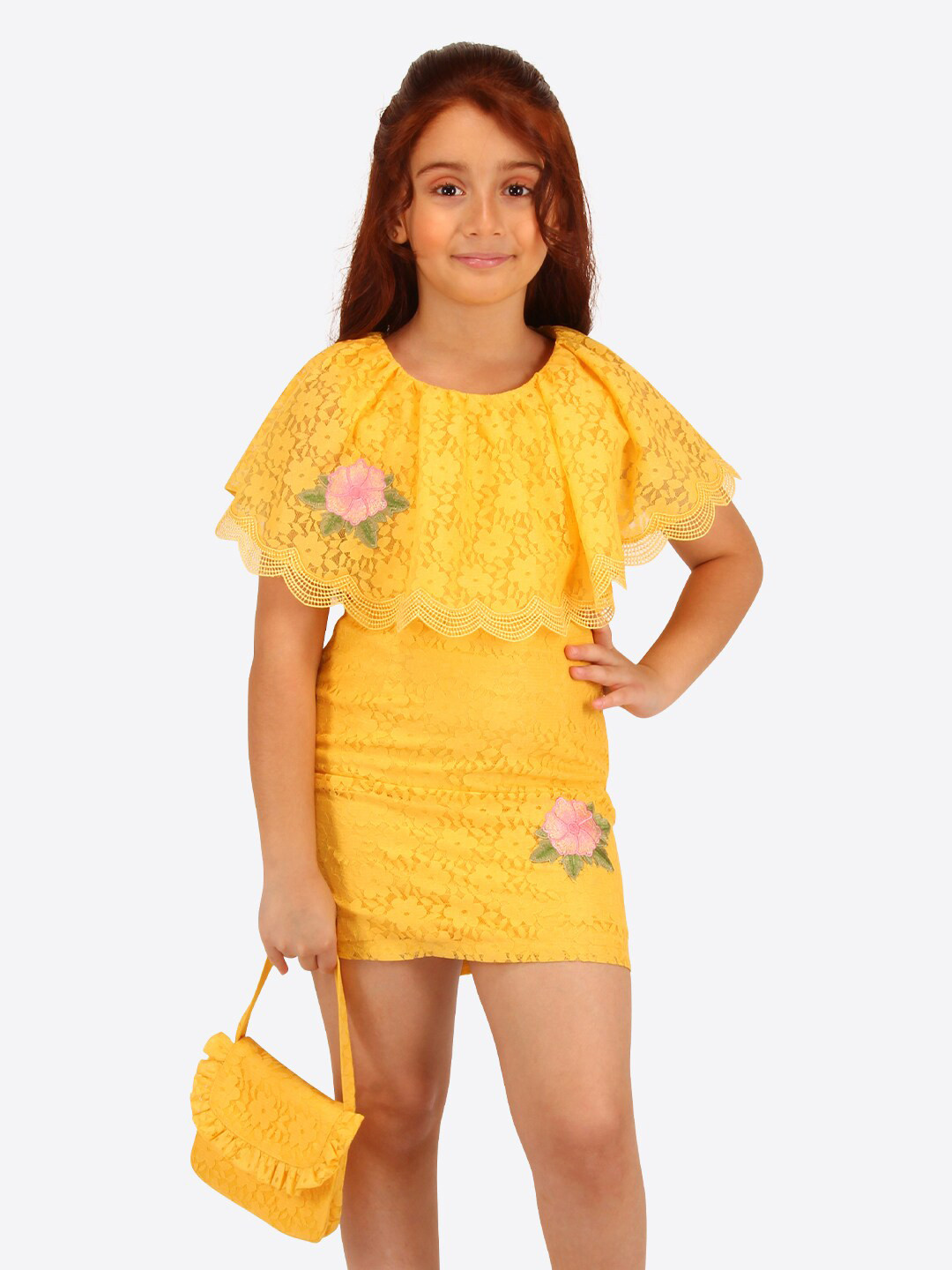 CUTECUMBER Floral Cape Sleeve Applique Net Sheath Dress