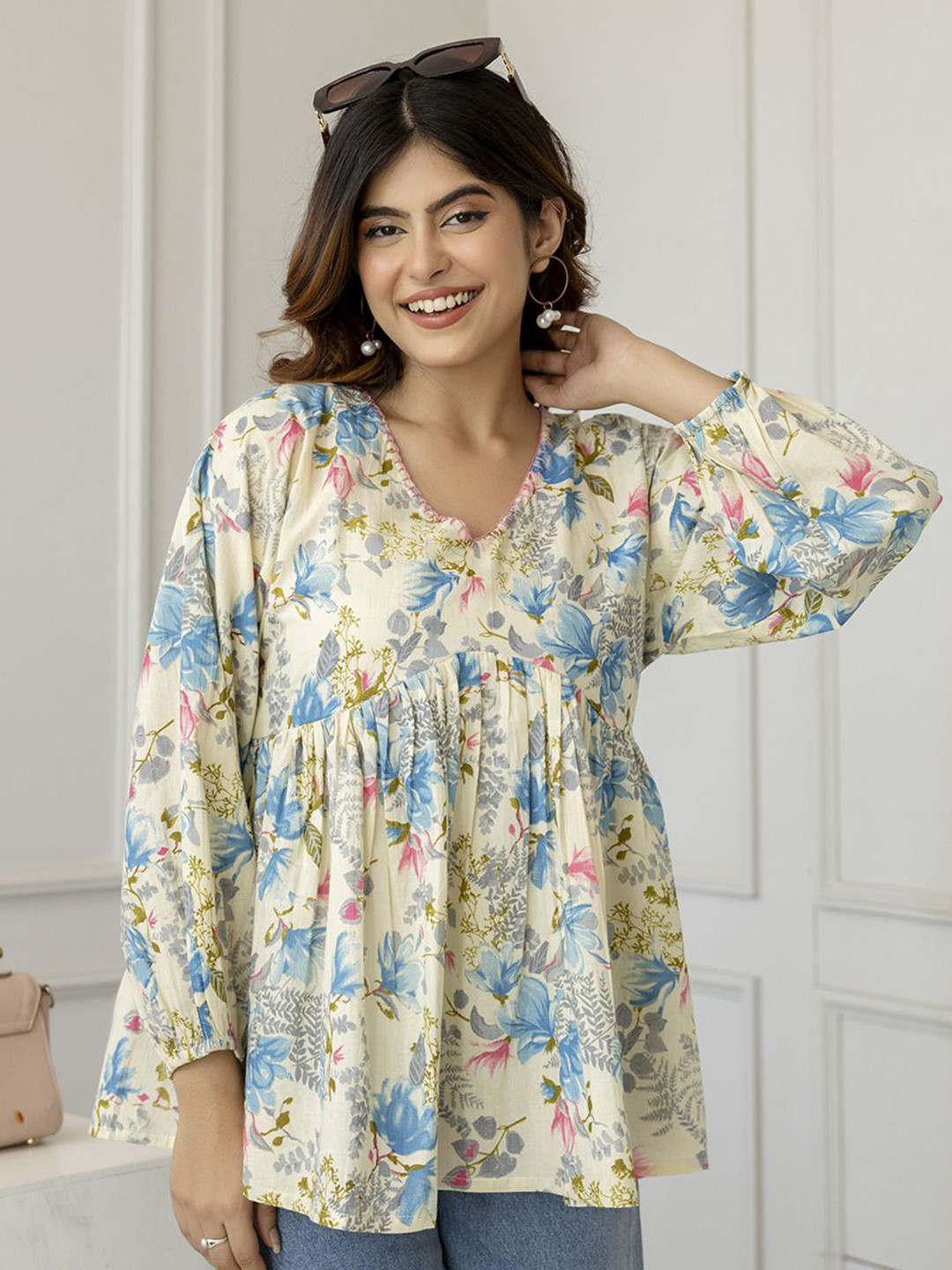 Nayo Floral Printed Puffed Sleeves V-Neck Cotton Peplum Tunic