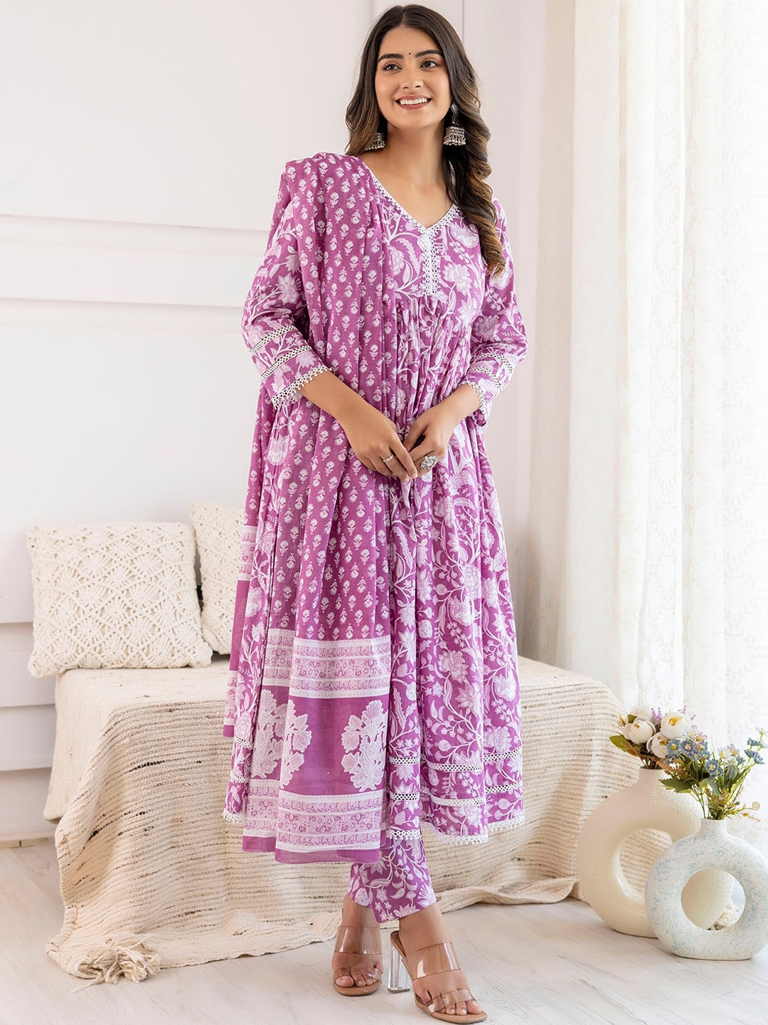 Buy Nayo Floral Printed Regular Pure Cotton Anarkali Kurta With Trousers Dupatta Kurta Sets for Women 29843380 Myntra