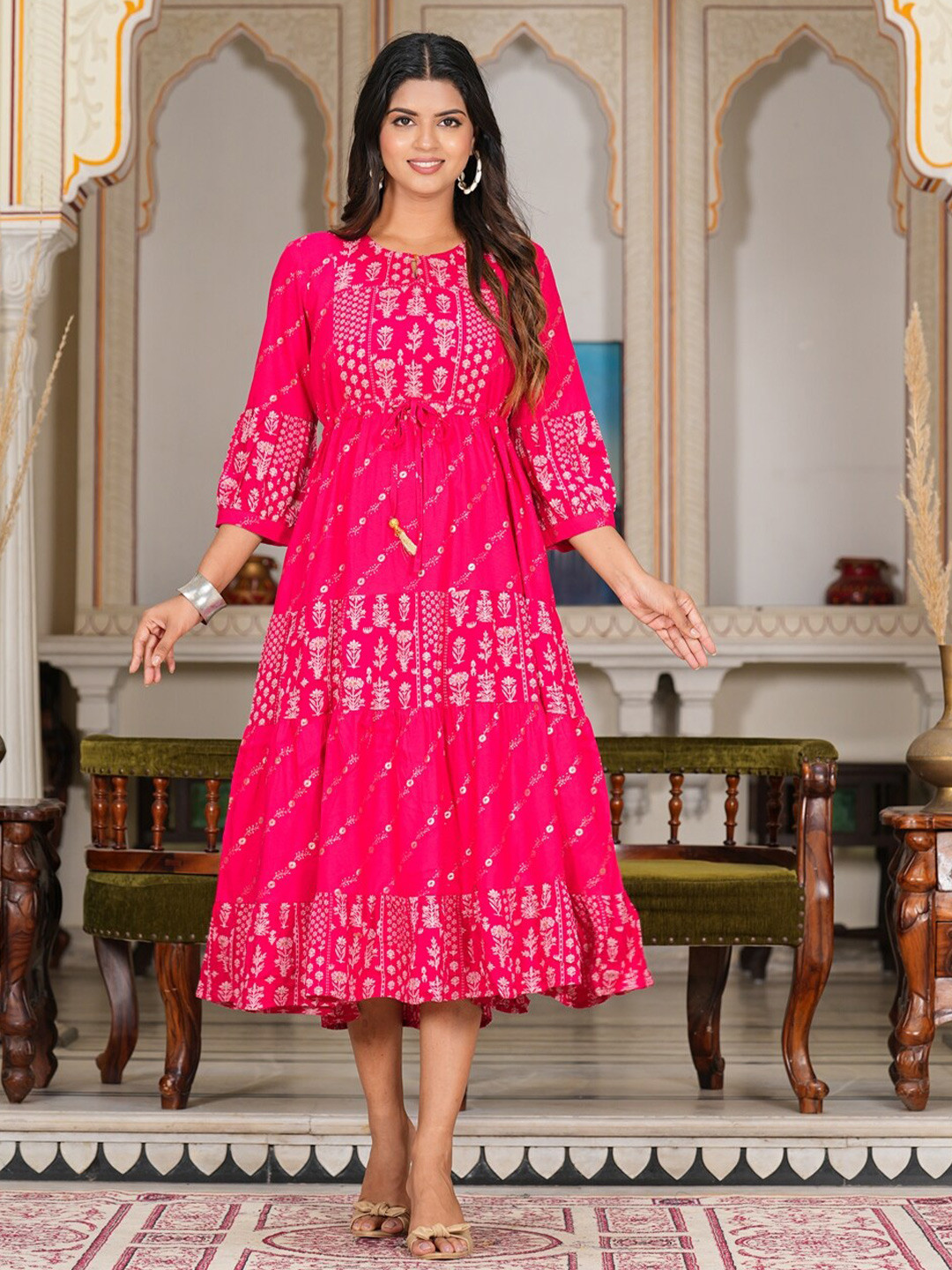 YASH GALLERY Floral Printed Tiered Tie-Up Detailed Fit and Flare Midi Dress