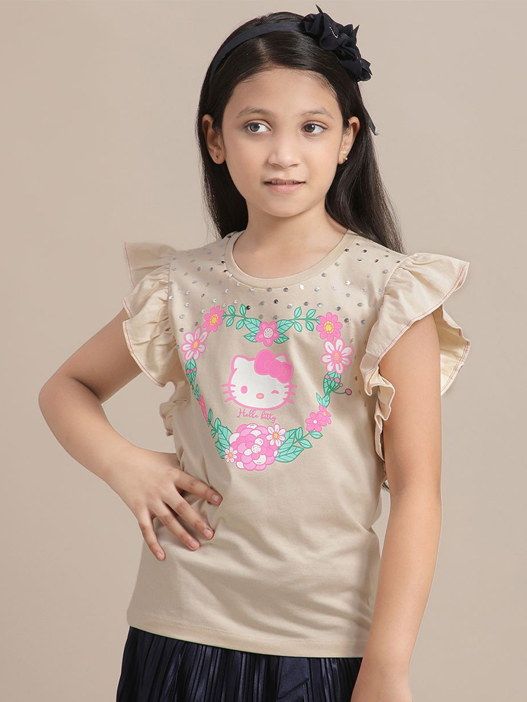 Kids Ville Girls Hello Kitty Printed Puff Sleeves Pure Cotton T-shirt