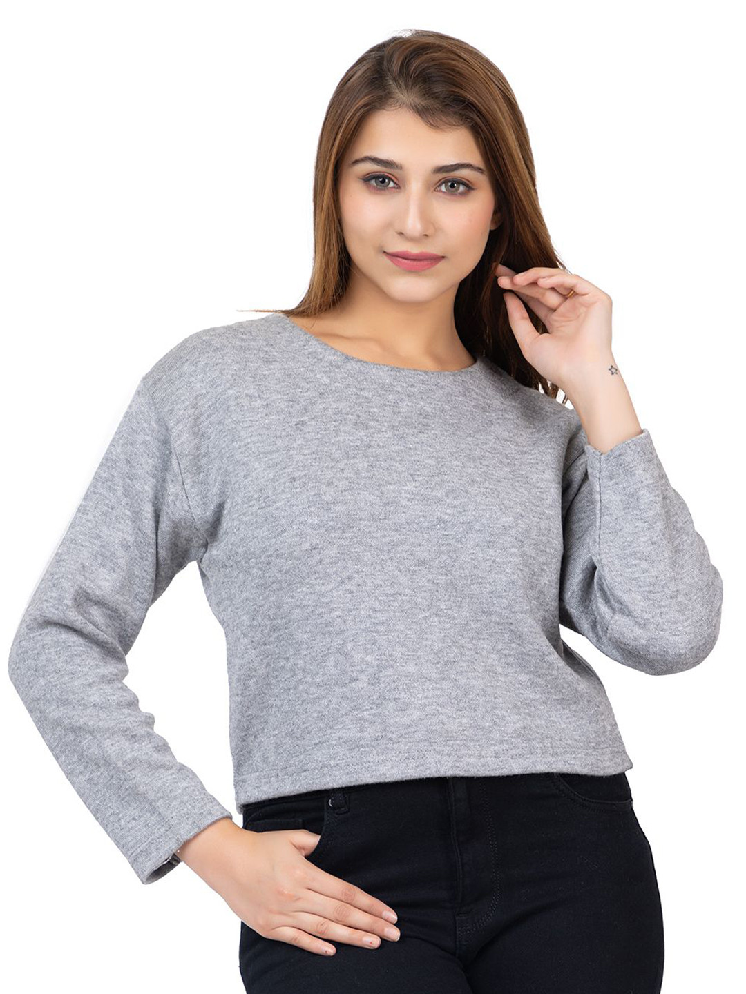 TWENTY ME Round Neck Long Sleeves Woollen Crop Top