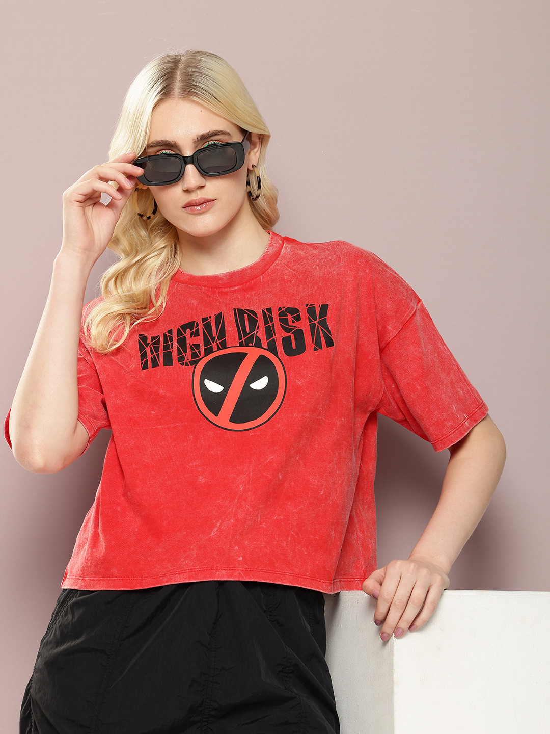 Kook N Keech Marvel Deadpool Printed Drop-Shoulder Sleeves Crop Boxy T-shirt
