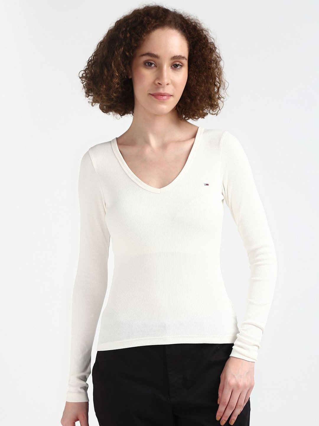 Tommy Hilfiger V Neck Textured Full Sleeves Slim Fit Cotton T-shirt