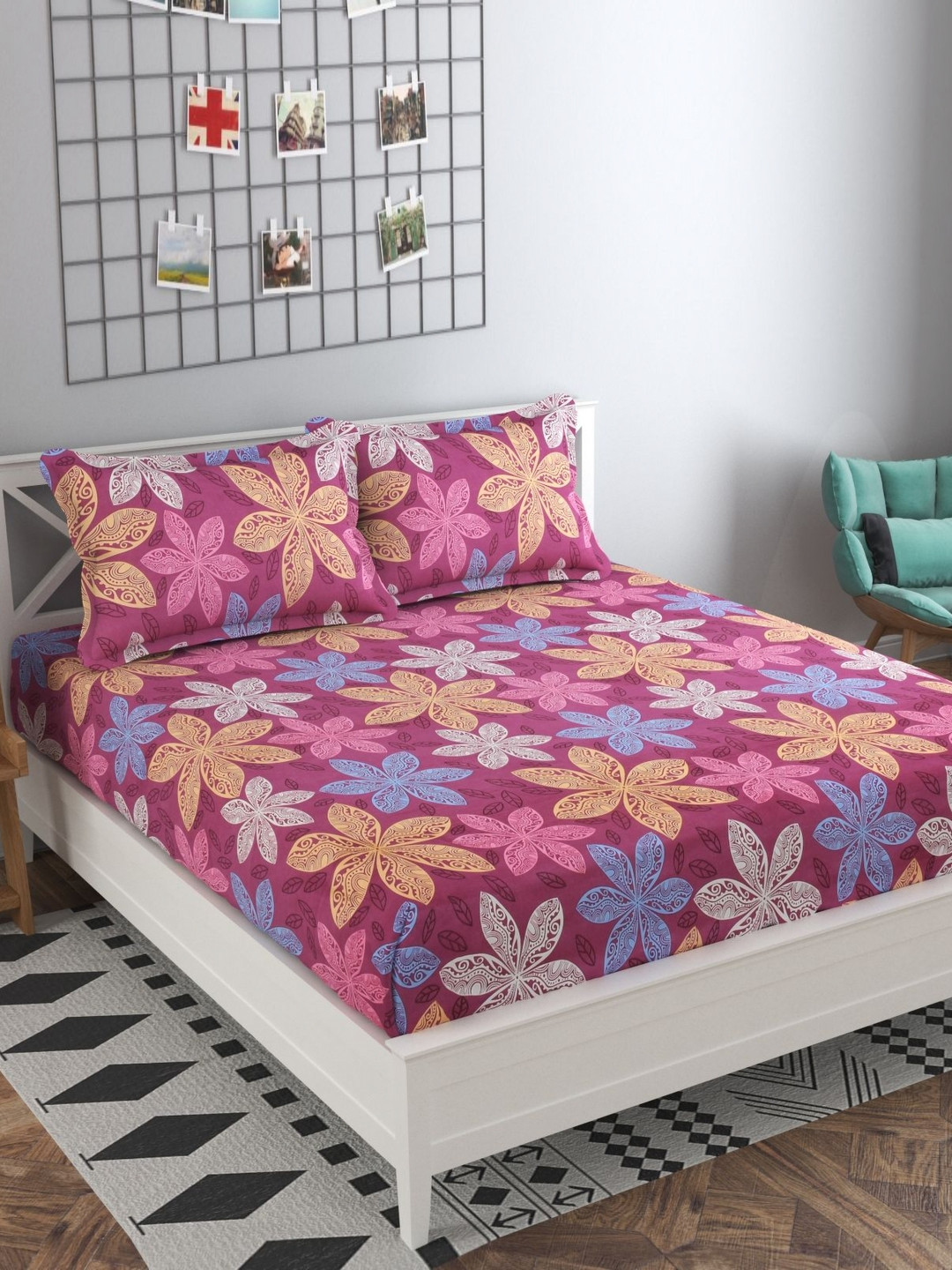 Innovative Edge Rust Floral Cotton 180 TC Fitted King Superfine Bedsheet with 2 Pillow Covers-100 x 92 inches