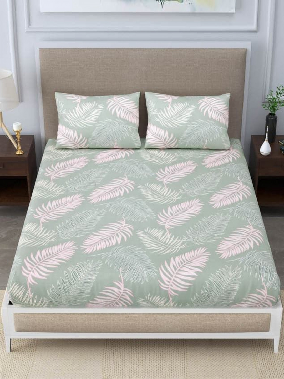 Innovative Edge Blue Leaf Cotton 180 TC Fitted King Superfine Bedsheet with 2 Pillow Covers-100 x 92 inches