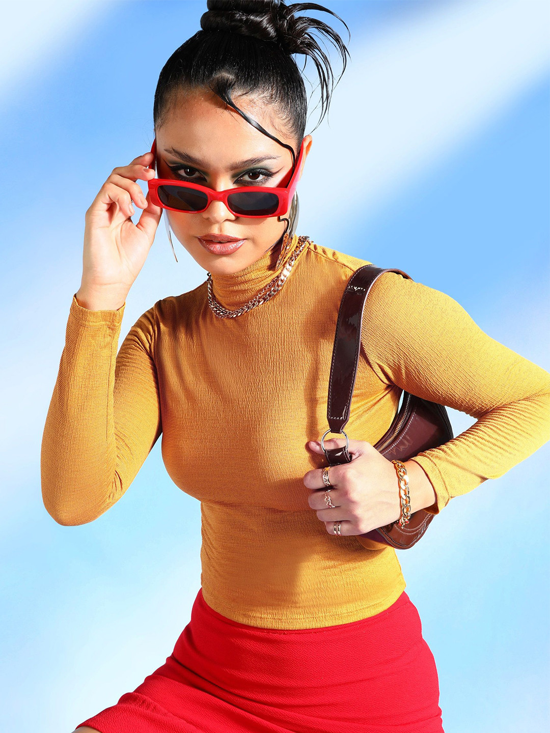 Veni Vidi Vici Mustard Yellow High Neck Long Sleeves Fitted Top