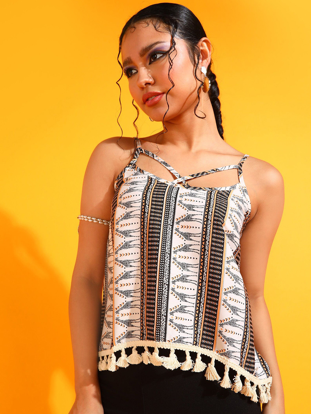 Veni Vidi Vici White & Black Conversational Printed Shoulder Straps A-Line Top