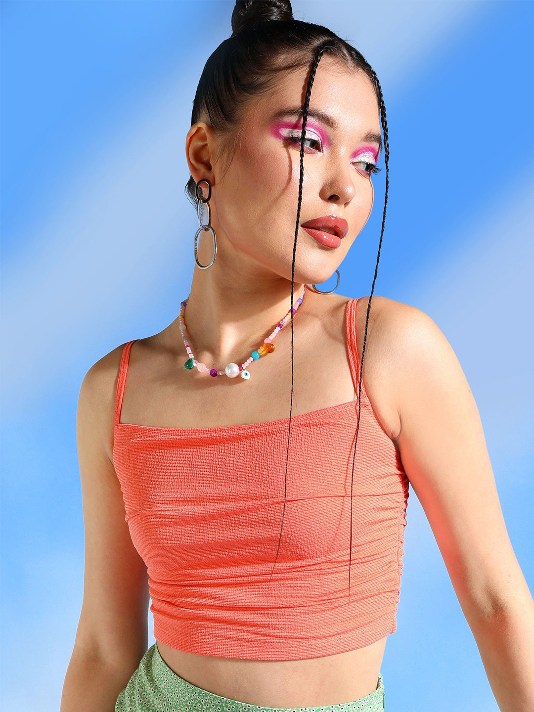 Veni Vidi Vici Peach Self Design Shoulder Straps Ruched Crop Top