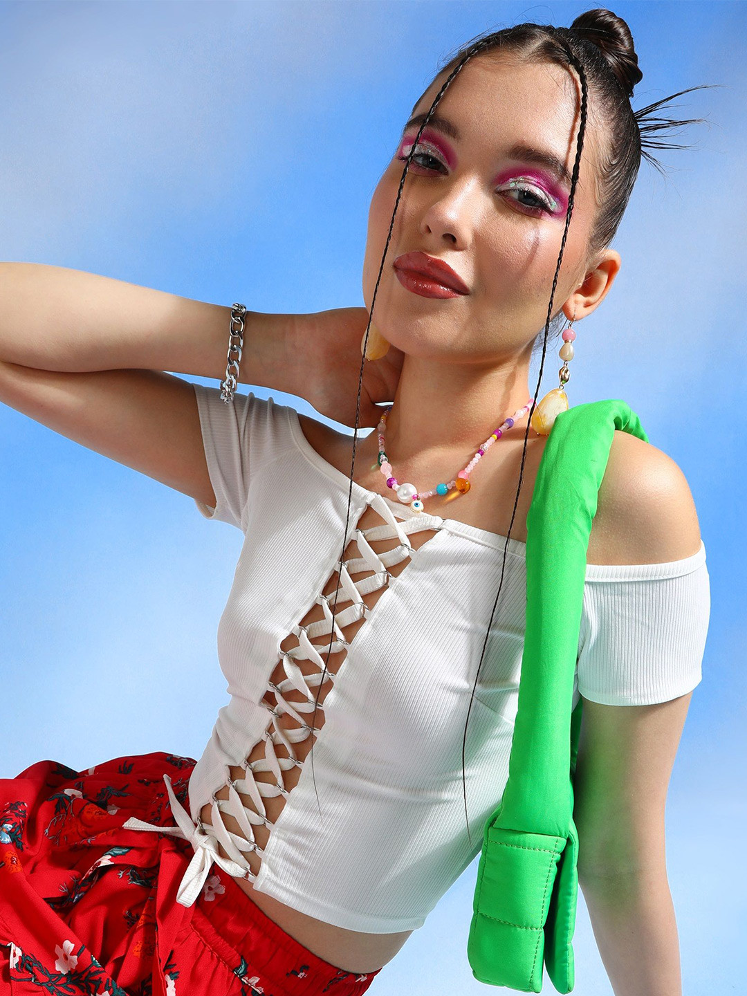 Veni Vidi Vici White Off-Shoulder Lace-Up Fitted Crop Top