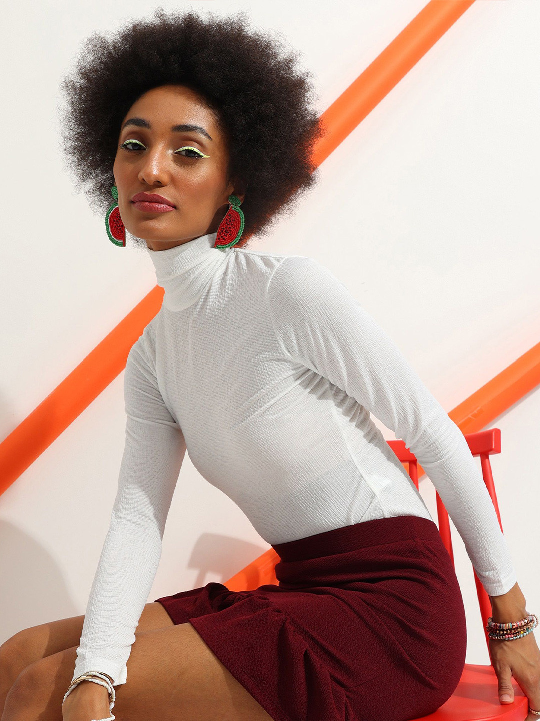 Veni Vidi Vici White High Neck Full Sleeve Bodycon Top