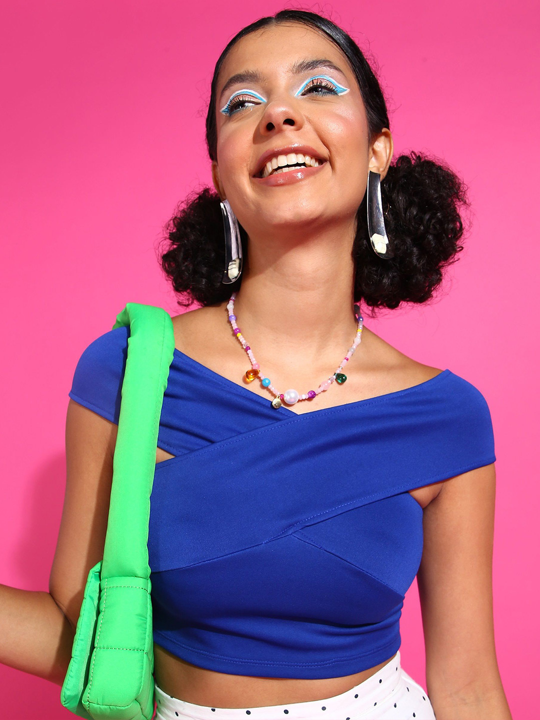 Veni Vidi Vici Blue V-Neck Bandage Bardot Crop Top