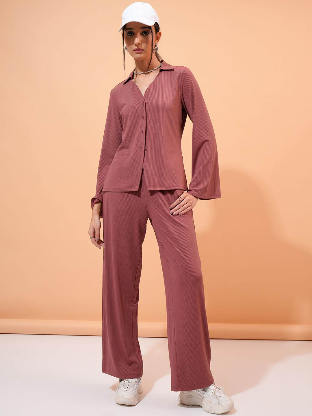 Tokyo Talkies Rose Ribbed Bell Sleeves Shirt With Wide Leg Trousers