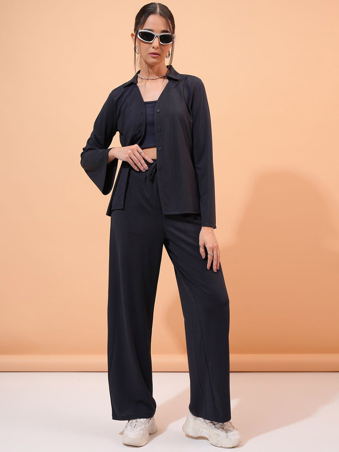 Tokyo Talkies Navy & Blue Ribbed Bell Sleeve Top With Wide Leg Pant