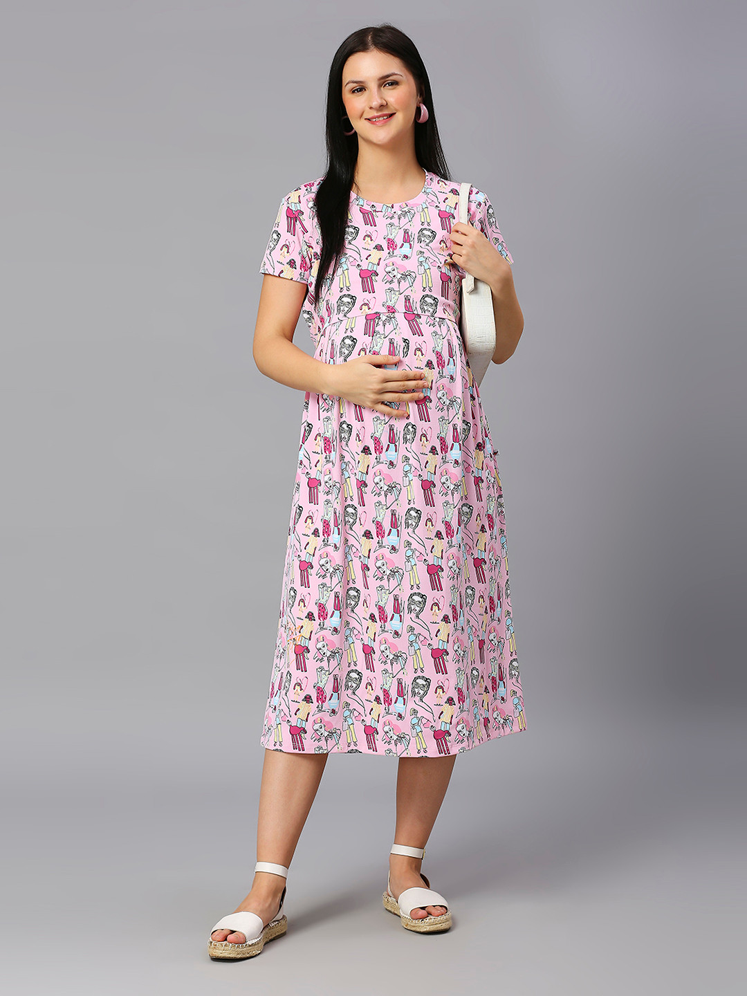 True Shape Round Neck Fit and Flare Maternity Dress With Cape