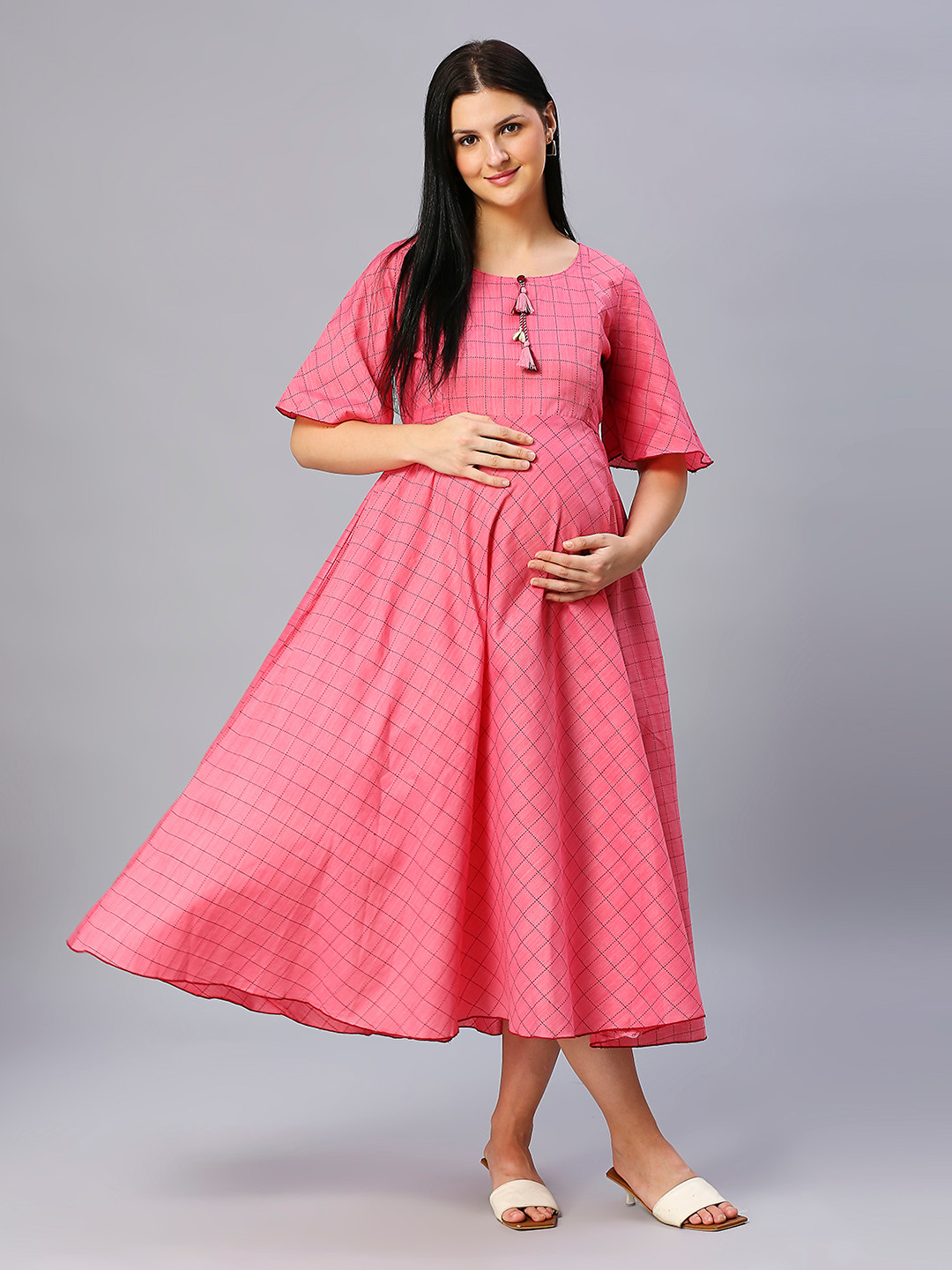DUMMY SHAPE Fit and Flare Flared Sleeves Maternity Cotton Ethnic Dresses