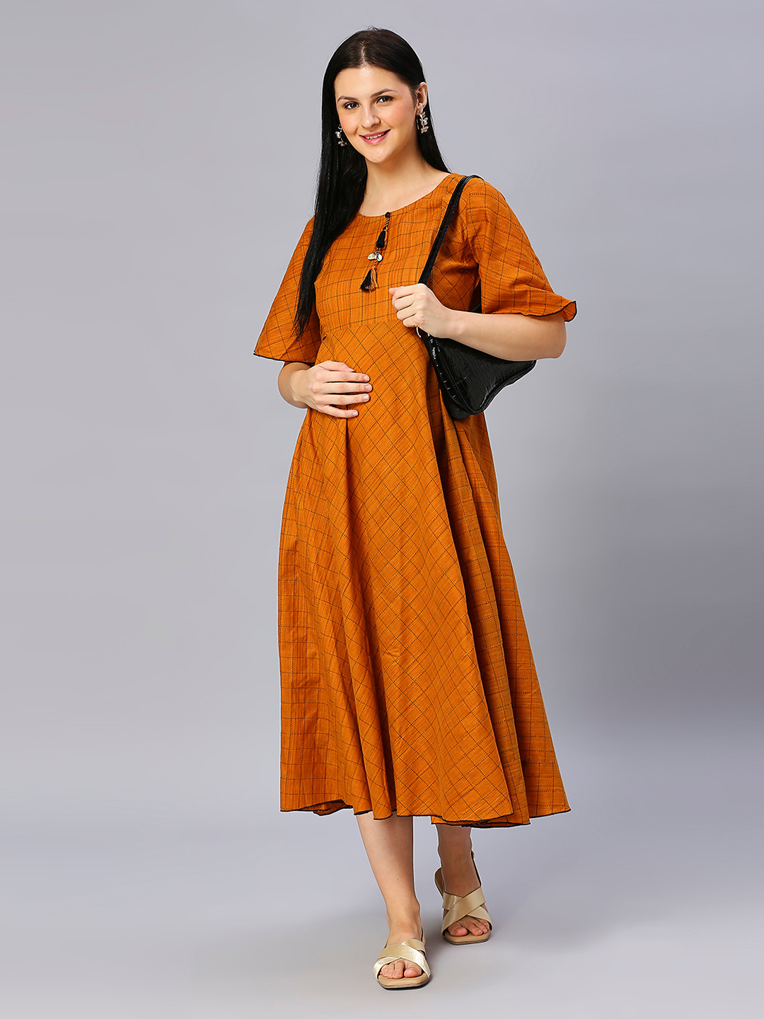 DUMMY SHAPE Flared Sleeves Pure Cotton Maternity Maxi A-Line Dress