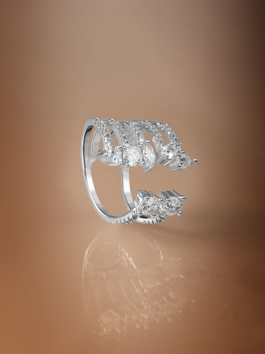 Rubans Premium Rhodium Plated with Crystal & Cubic Zirconia Studded Adjustable Finger Ring