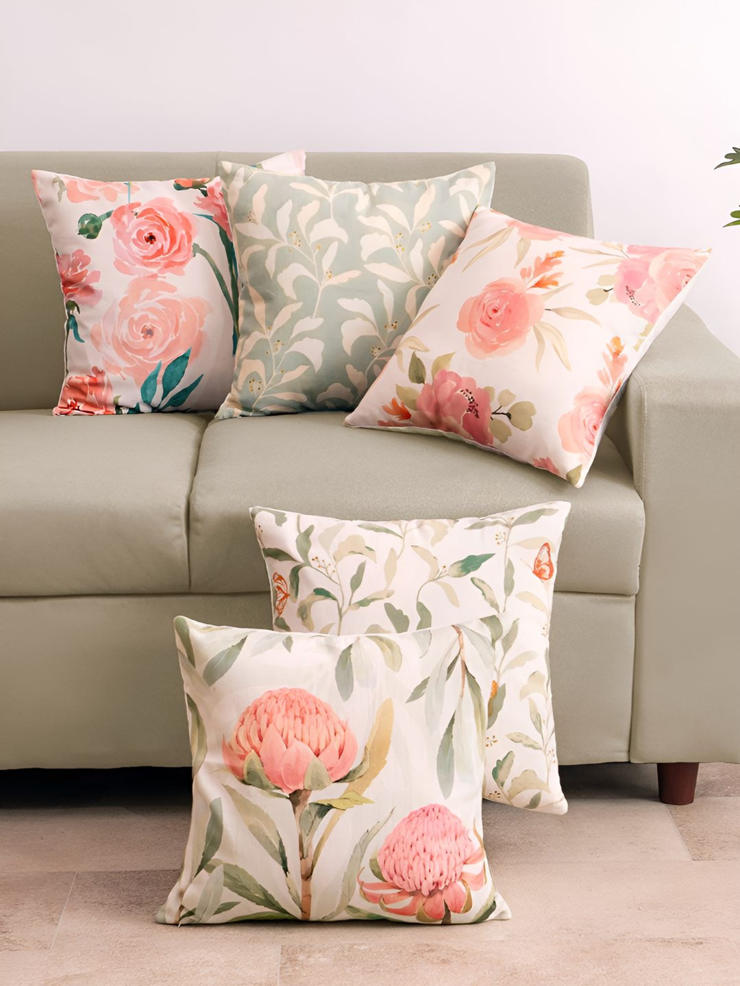 haus & kinder Digital Print Floral Cotton HD Digital 5 Pcs Square Cushion Covers -16x16In