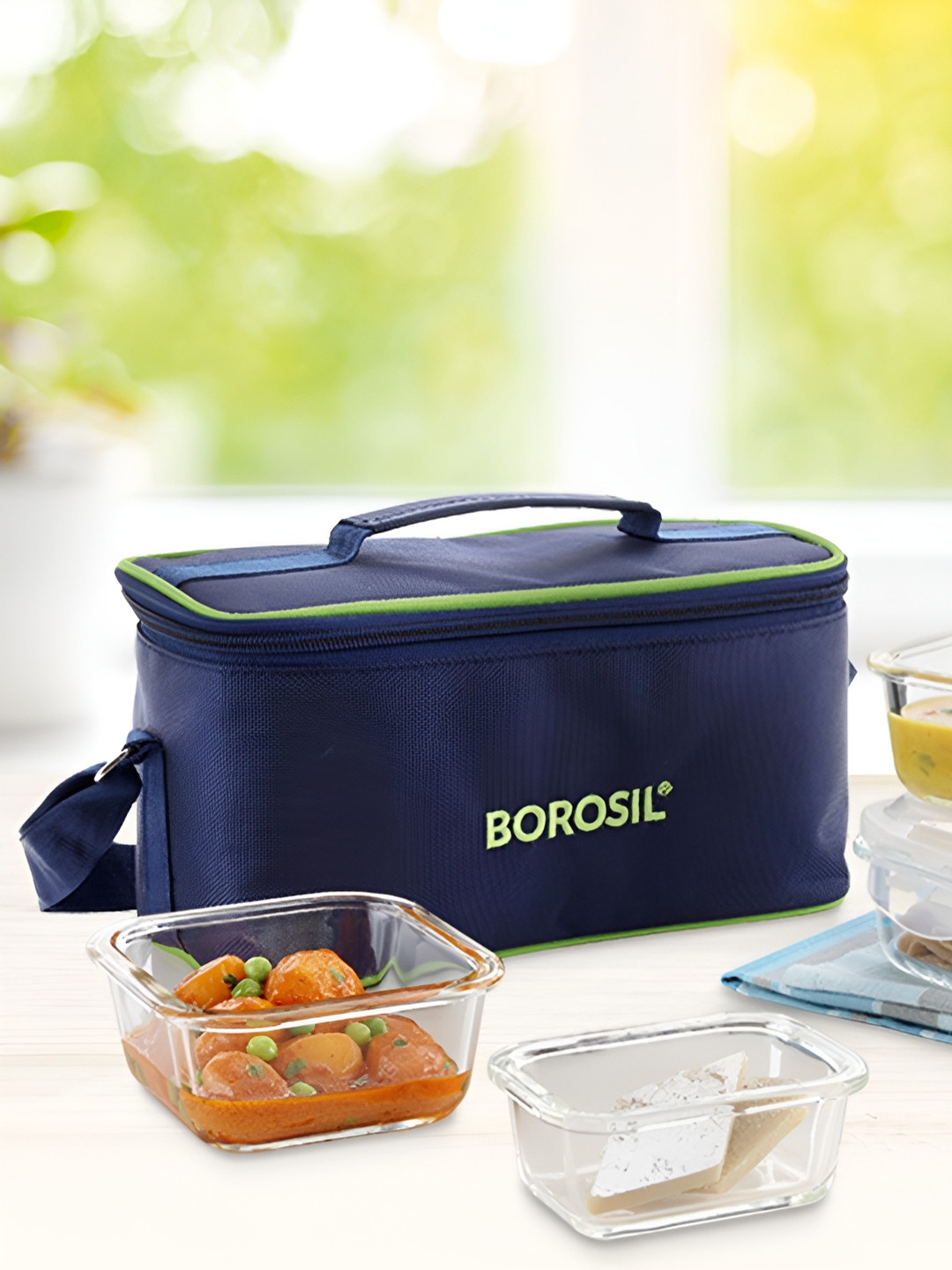 BOROSIL Microwave Safe Leak Proof Blue Solid Glass 4PCs Lunch Box With Spoon and Fork