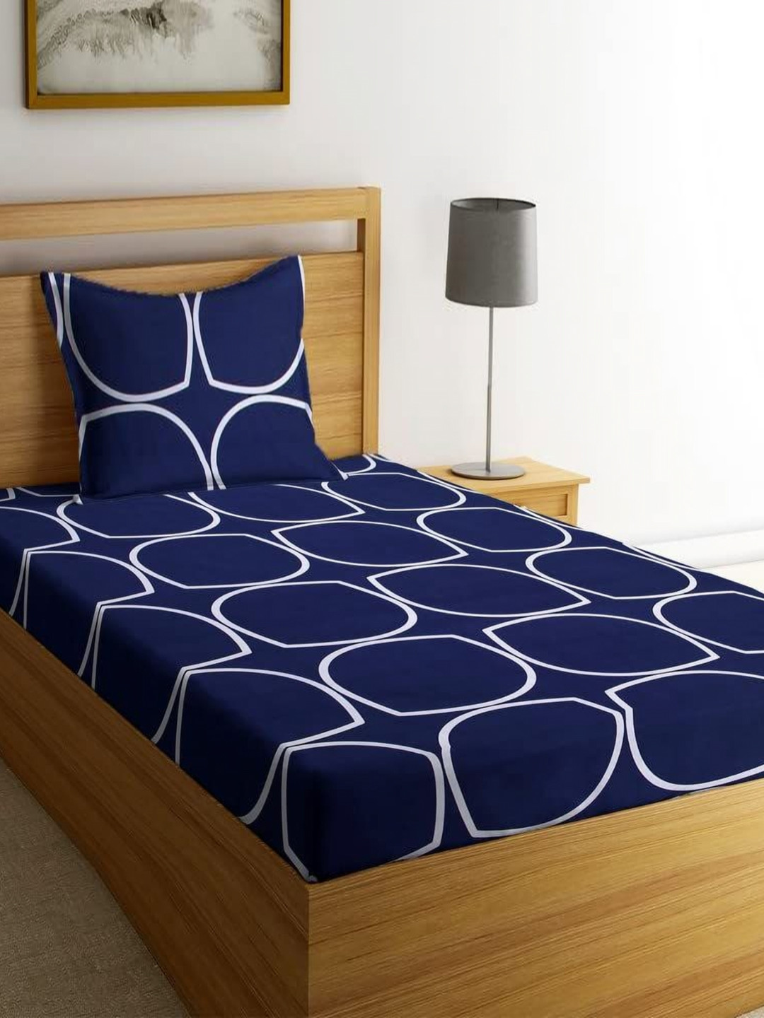 Innovative Edge Blue Abstract Cotton 160 TC Fitted Single Superfine Bedsheet with a Pillow Cover-90 x 60 inches