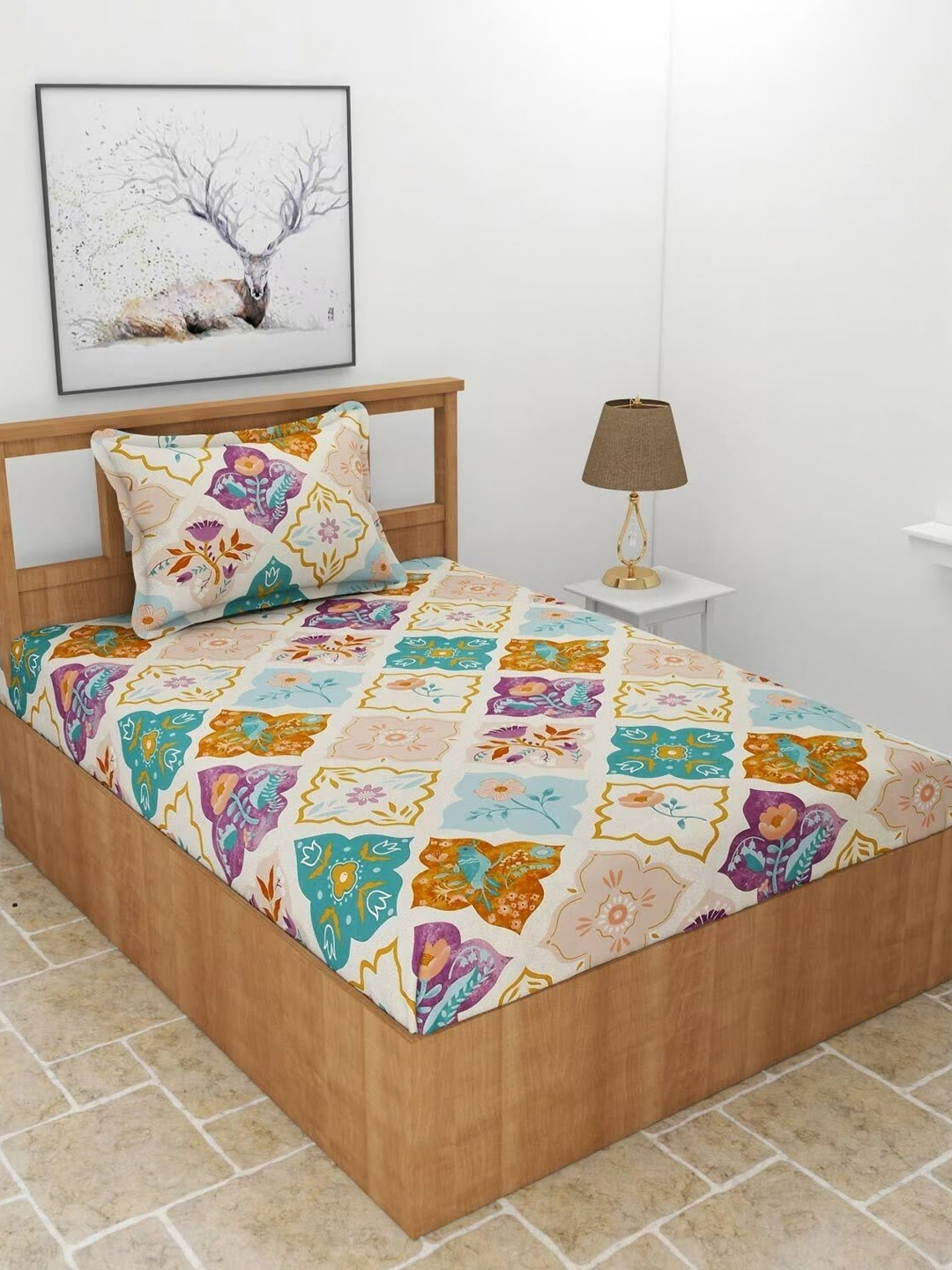 Innovative Edge Cream Fitted Cotton 160 TC Single Bedsheet with Pillow Cover