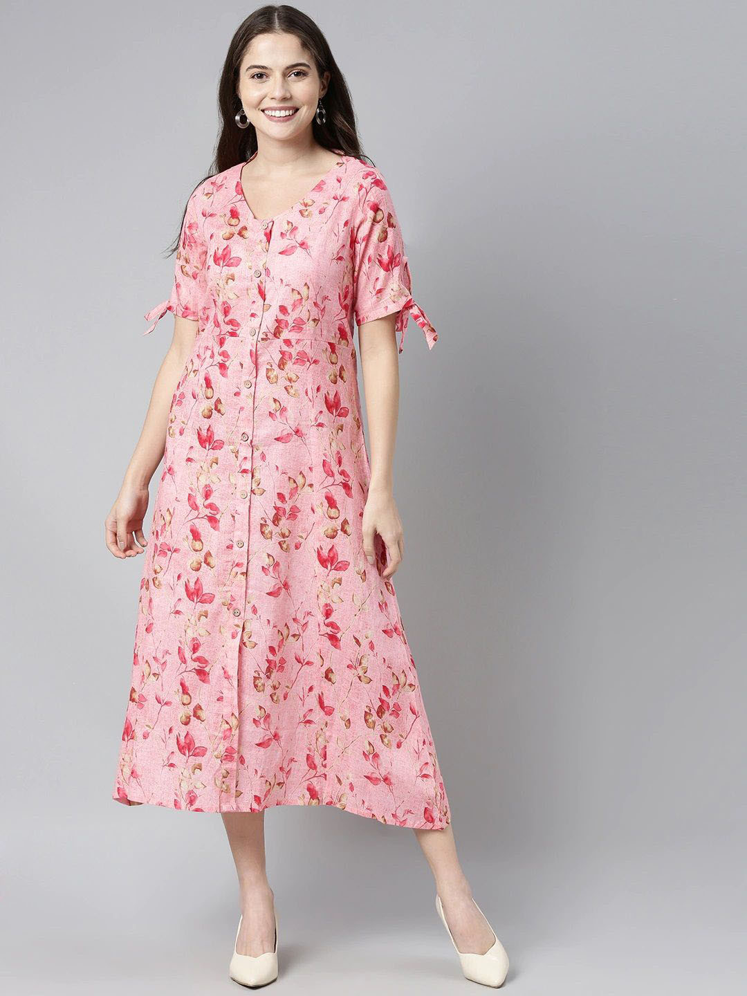 KALINI Floral Flared Sleeves Button Down A-Line Midi Dress