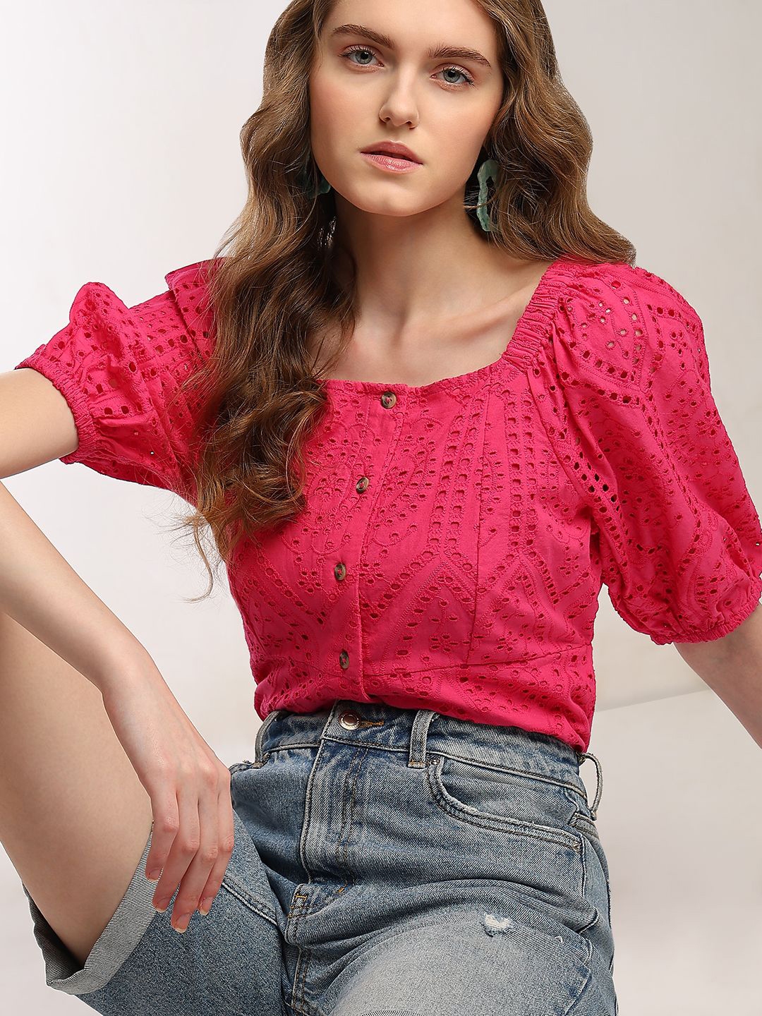 Vero Moda Puff Sleeve schiffli Pure Cotton Top