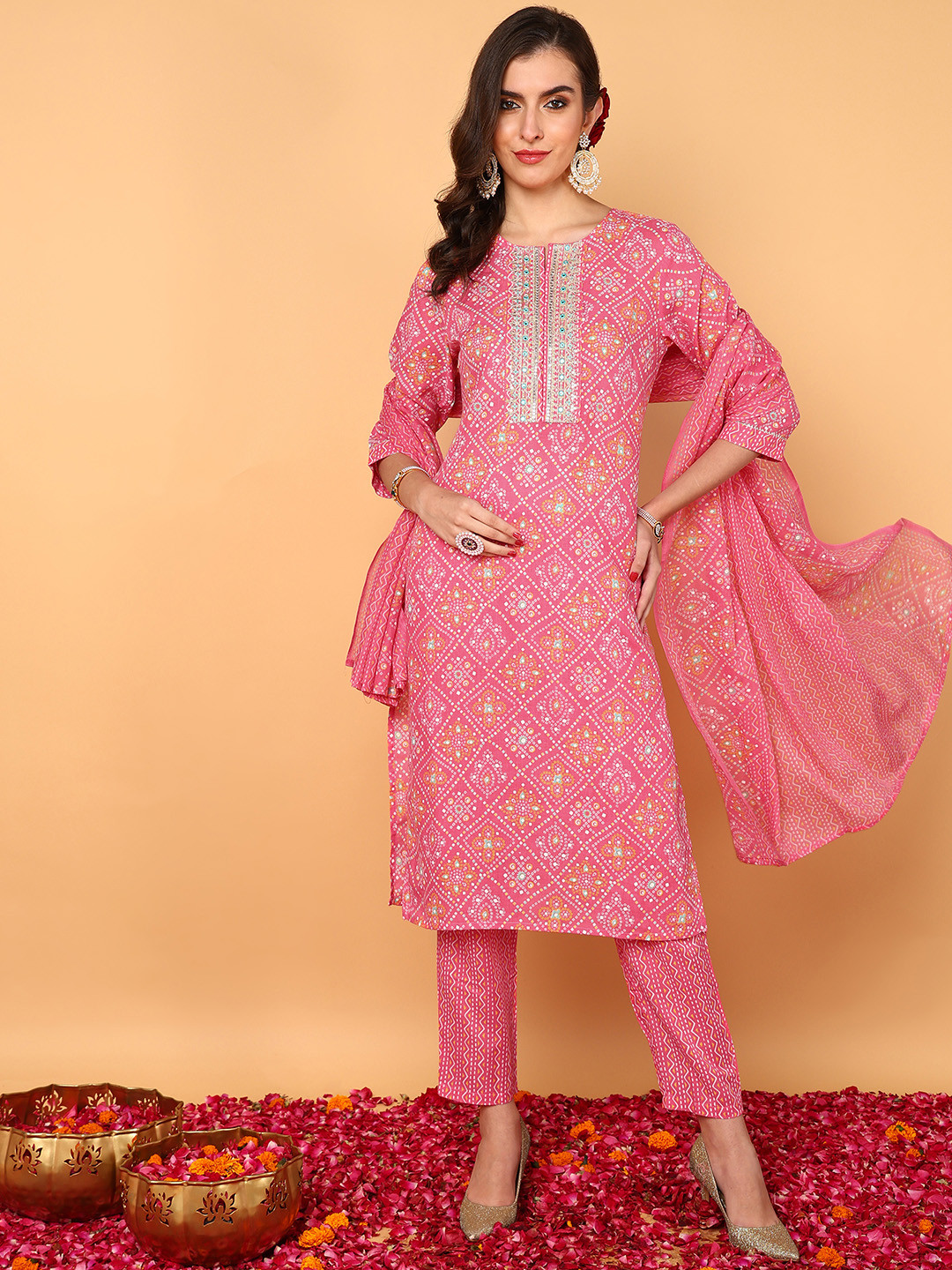 KALINI Bandhani Embroidered Round Neck Mirror Work Straight Kurta with Trousers & Dupatta