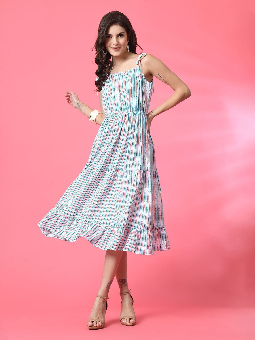 ANNSH APPAREL Striped Shoulder Straps Fit & Flare Midi Dress