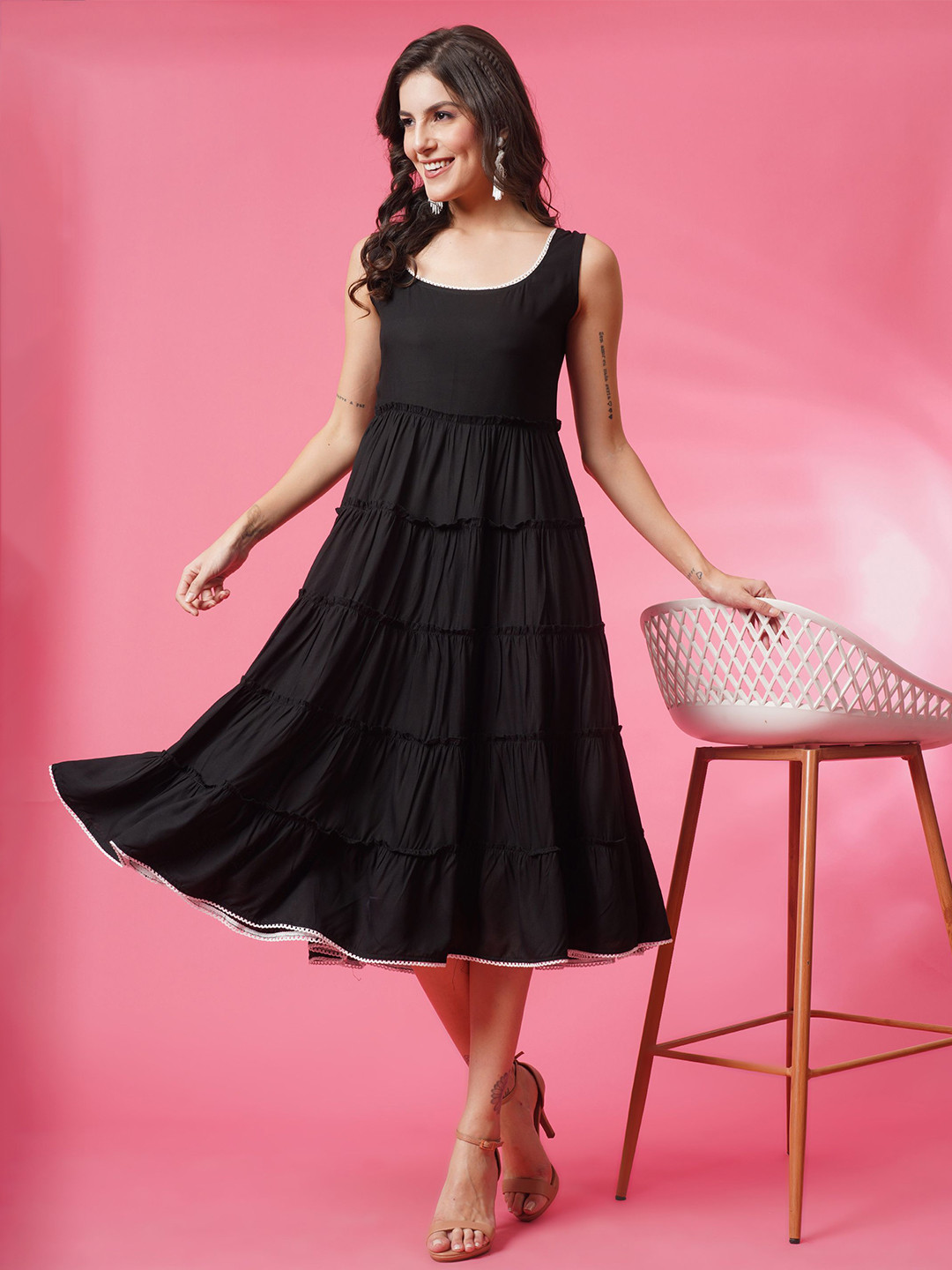 ANNSH APPAREL Shoulder Straps Sleeveless Fit & Flare Midi Dress