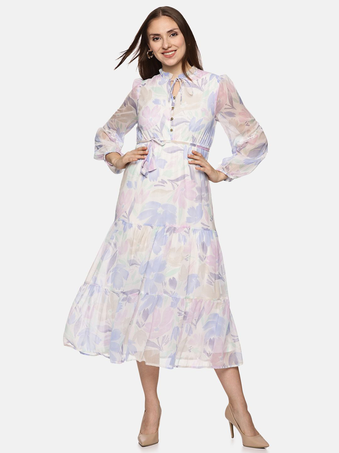 ISU Floral Printed Tie-Up Neck Chiffon Fit and Flare Midi Dress