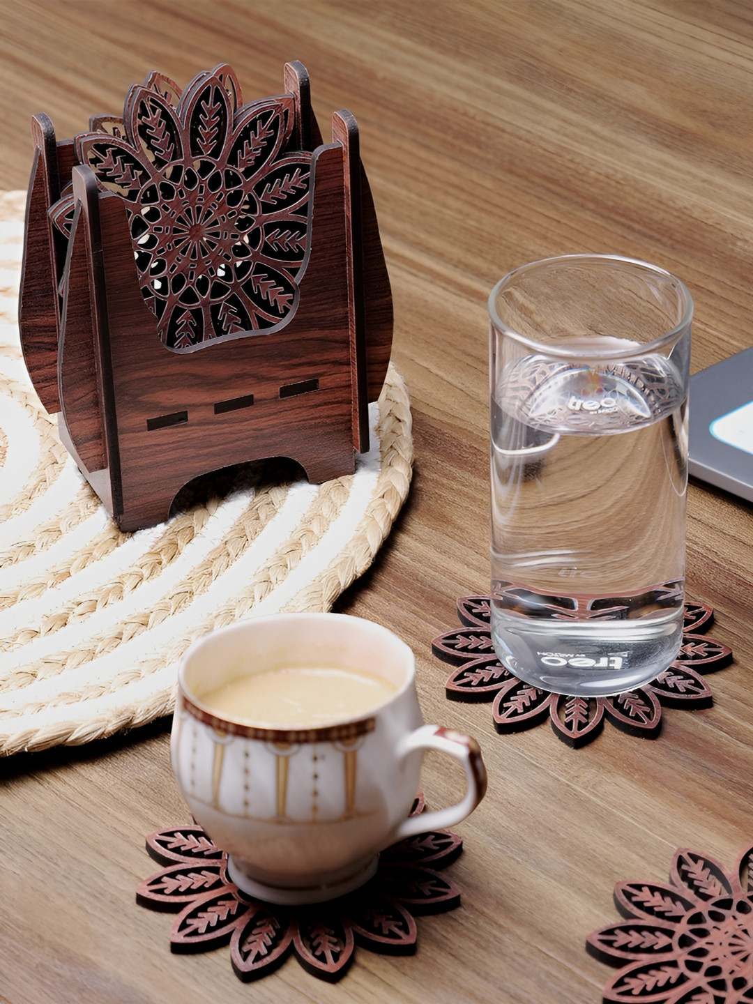 Decazone Red & Maroon 6 Pieces Wooden Textured Coasters With Stand