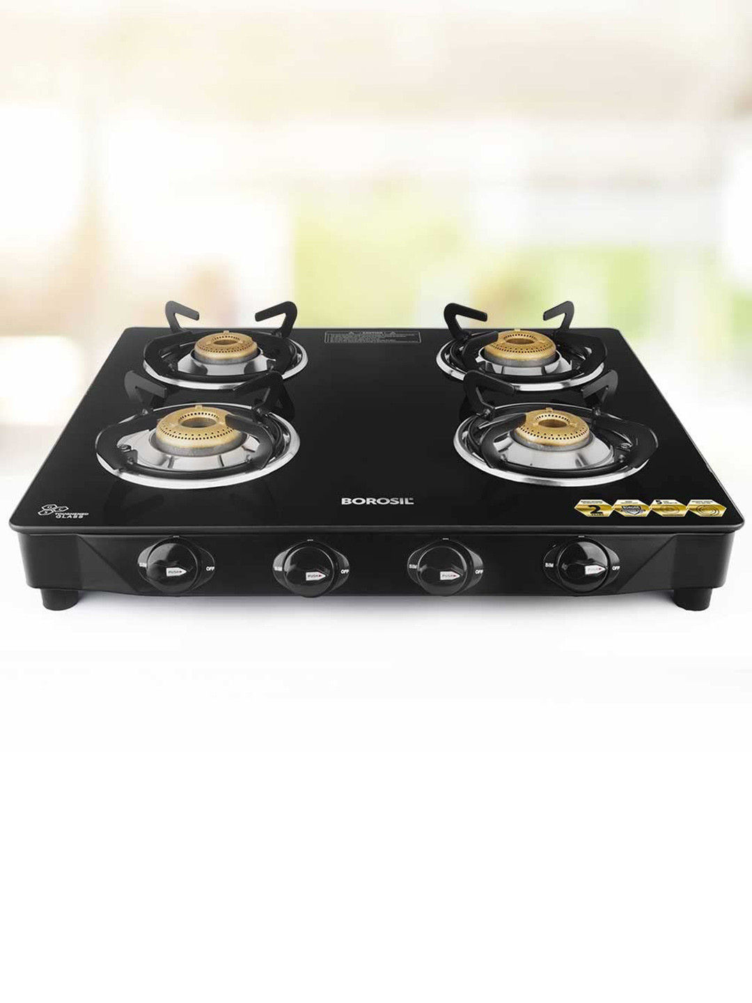 BOROSIL Black Magnum 4 Burner Gas Stove With Borosilicate Glass Top