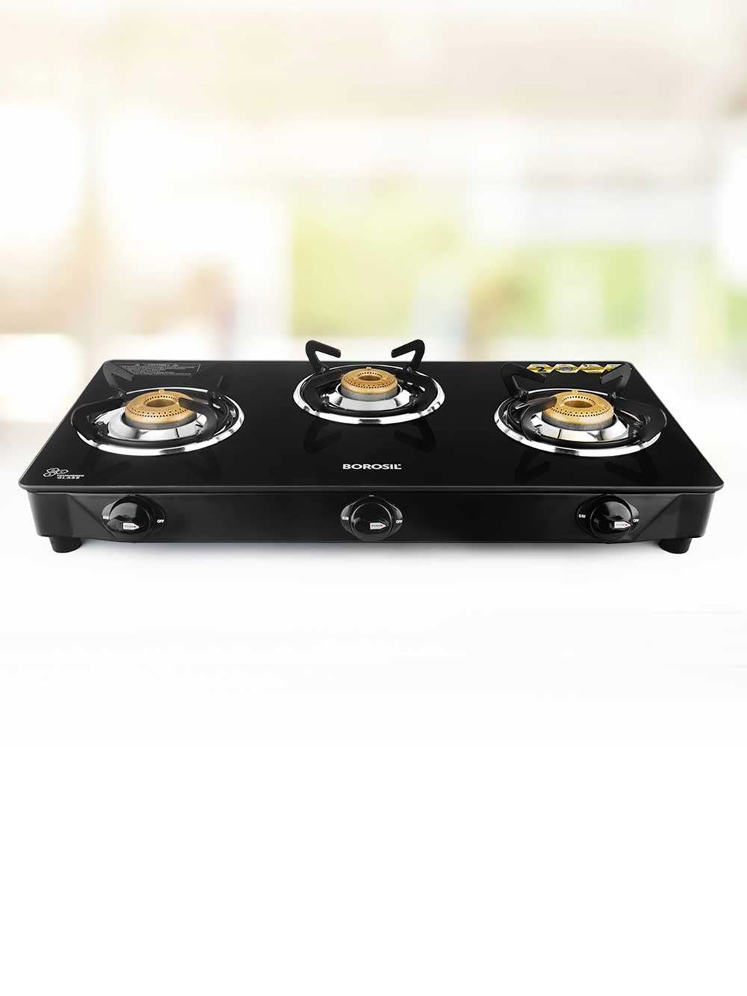 BOROSIL Magnum Black 3 Burner Gas Stove With Borosilicate Glass Top