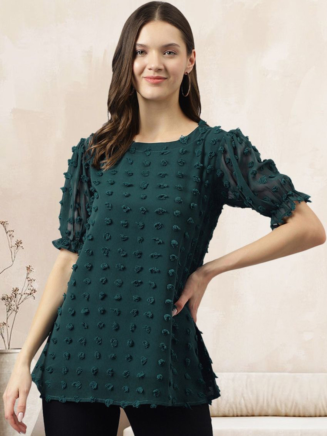 TOOCHKI Puff Sleeve Fringed Georgette Top