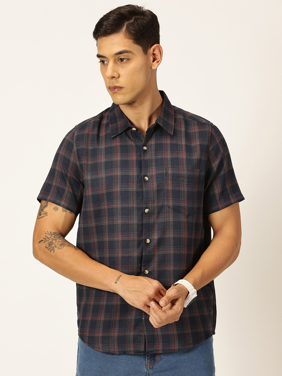 Metronaut Men Spread Collar Windowpane Checks Premium Slim Fit Opaque Checked Casual Shirt