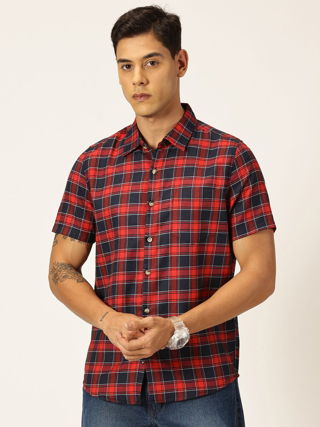 Metronaut Premium Slim Fit Tartan Checked Spread Collar Twill Weave Casual Shirt